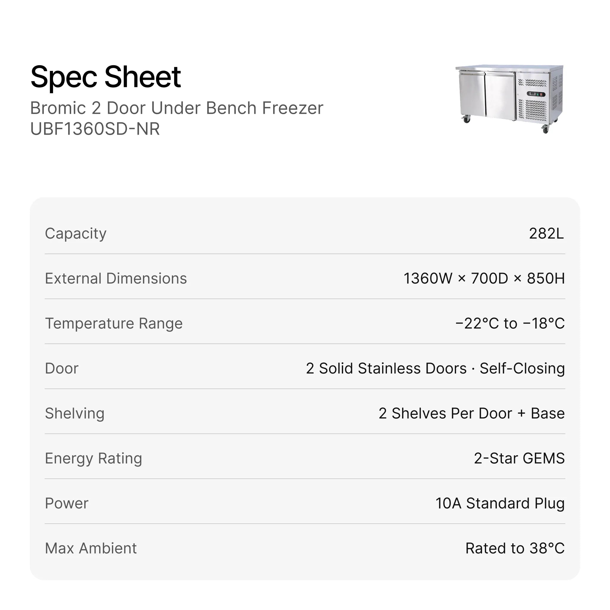 Bromic 2 Door Under Bench Freezer UBF1360SD-NR specifications