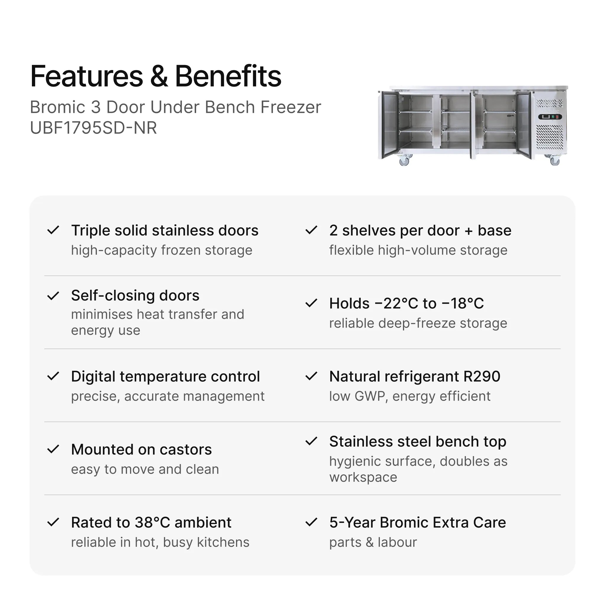 Bromic 3 Door Under Bench Freezer UBF1795SD-NR specifications