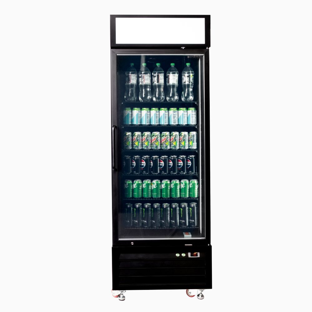Bromic 546L 1 door upright glass display fridge UC0550GDL-NR, front view with LED lightbox and stocked shelves