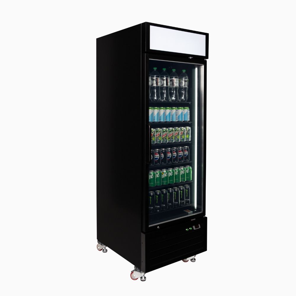 Bromic UC0550GDL-NR upright display fridge, left side view with lockable castors