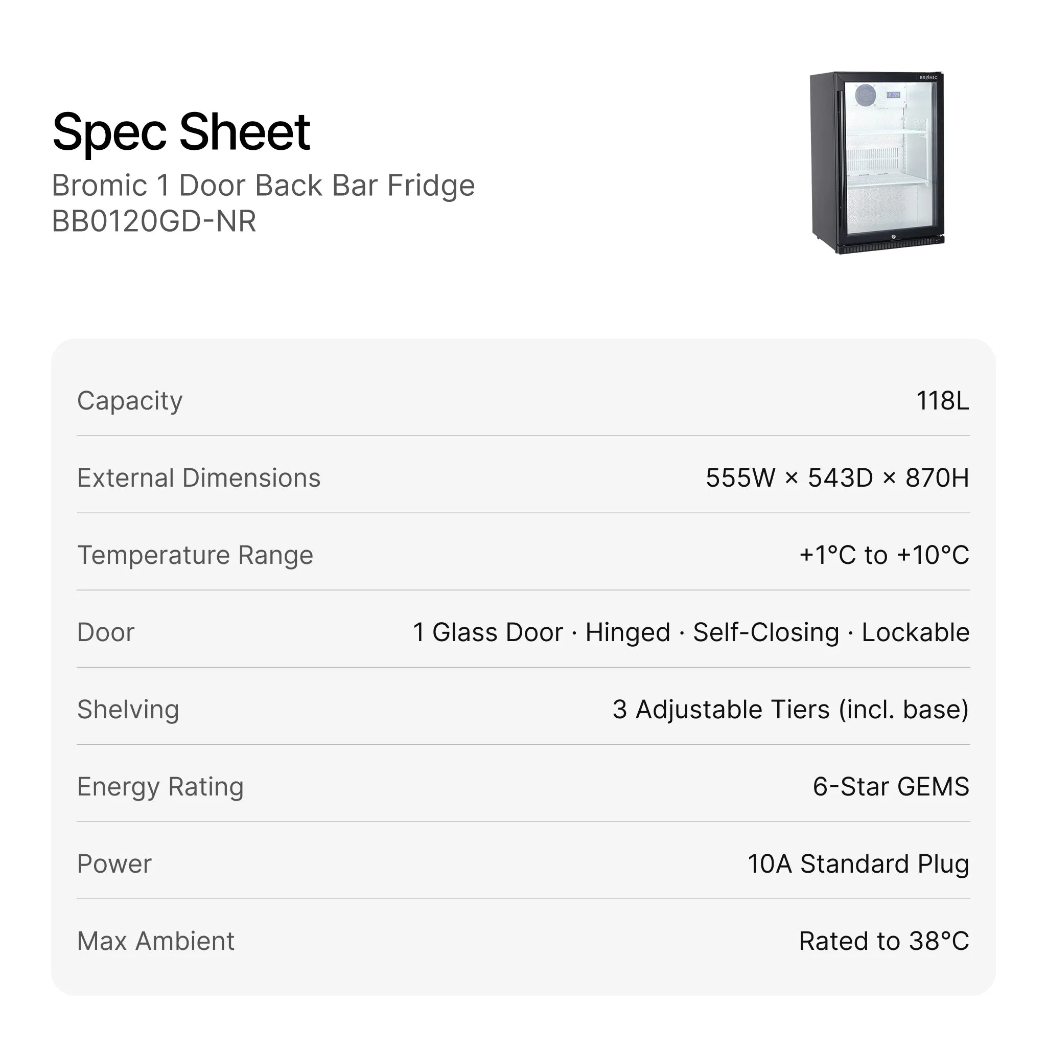 Bromic 1 Door Back Bar Fridge BB0120GD-NR specifications