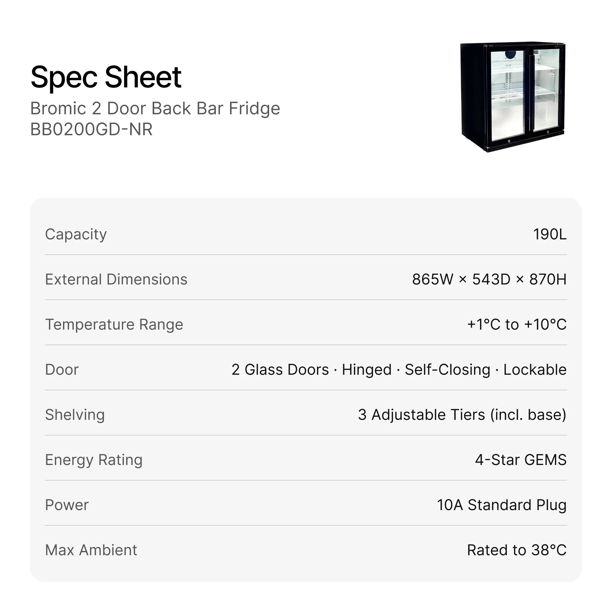 Bromic 2 Door Back Bar Fridge BB0200GD-NR specifications