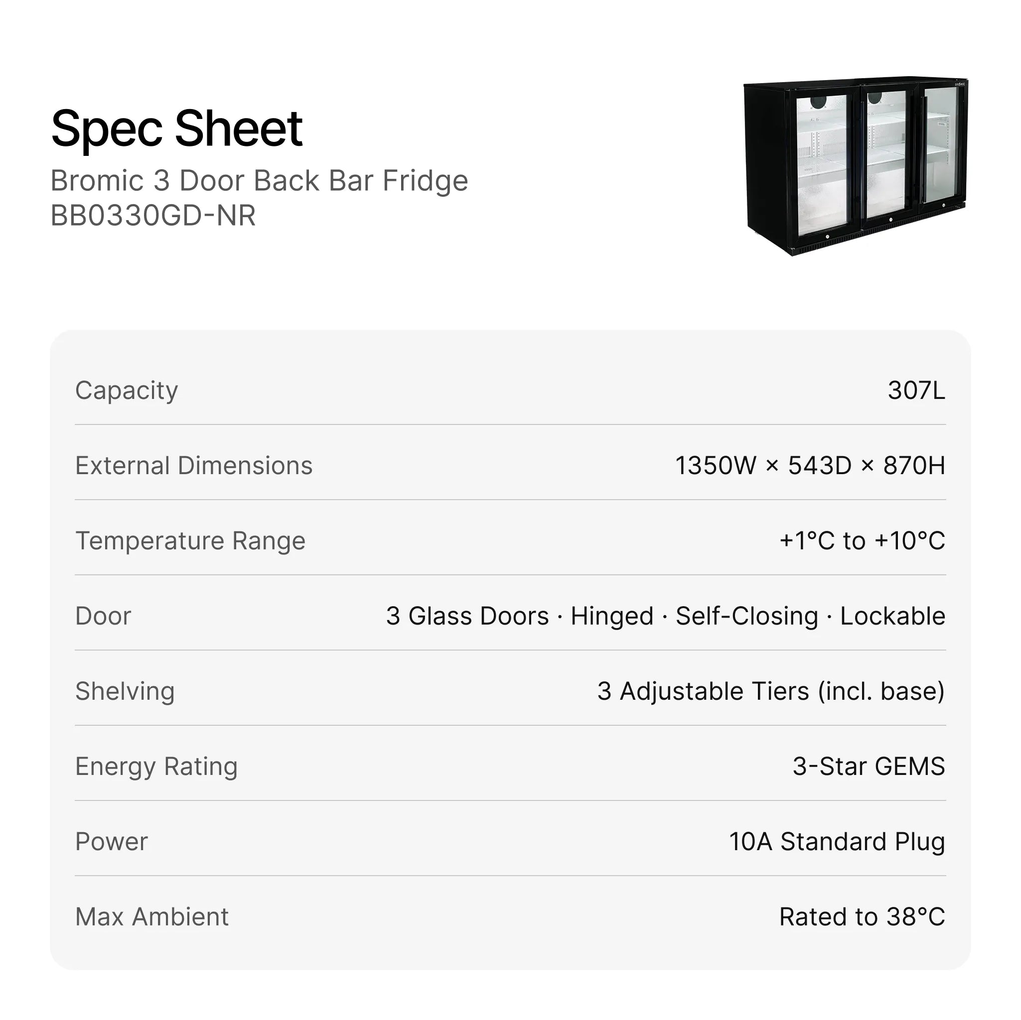 Bromic 3 Door Back Bar Fridge BB0330GD-NR specifications