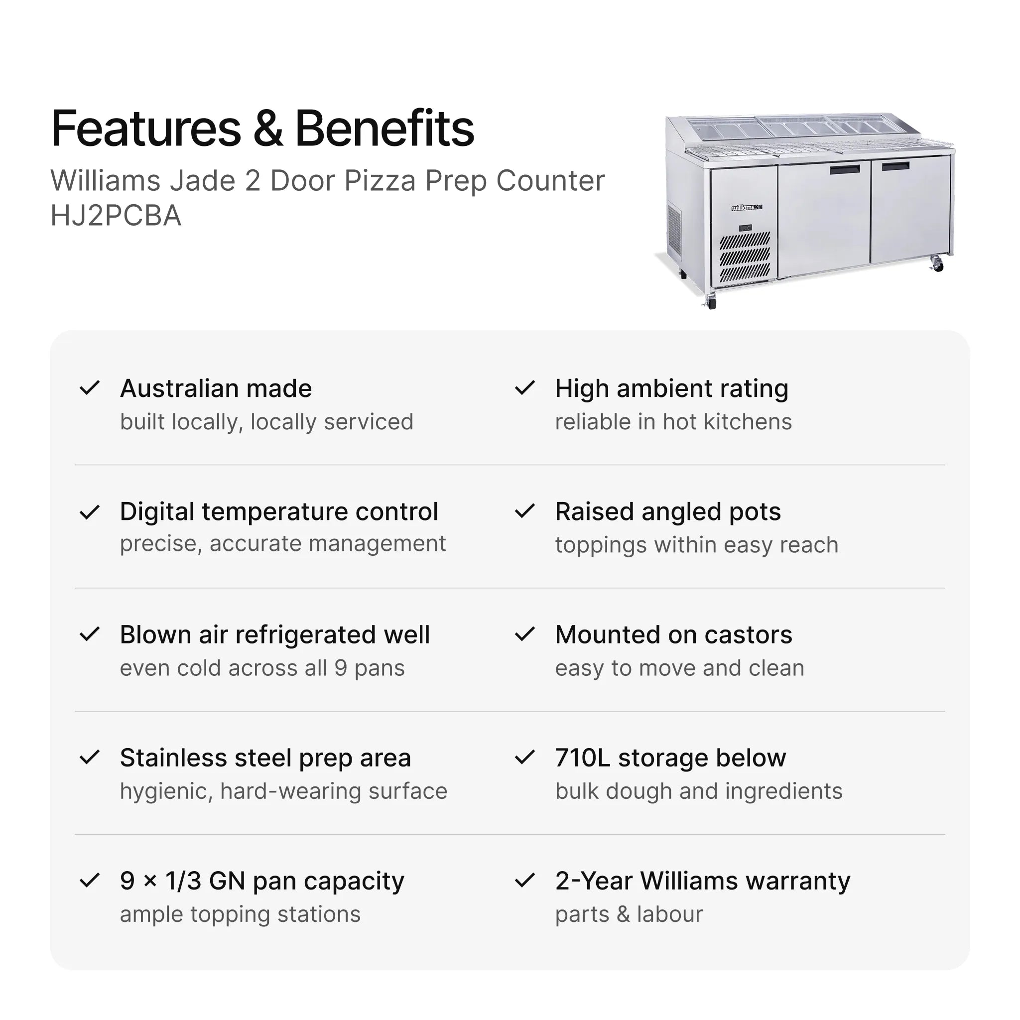 Williams Jade 2 Door Pizza Prep Counter HJ2PCBA features and benefits