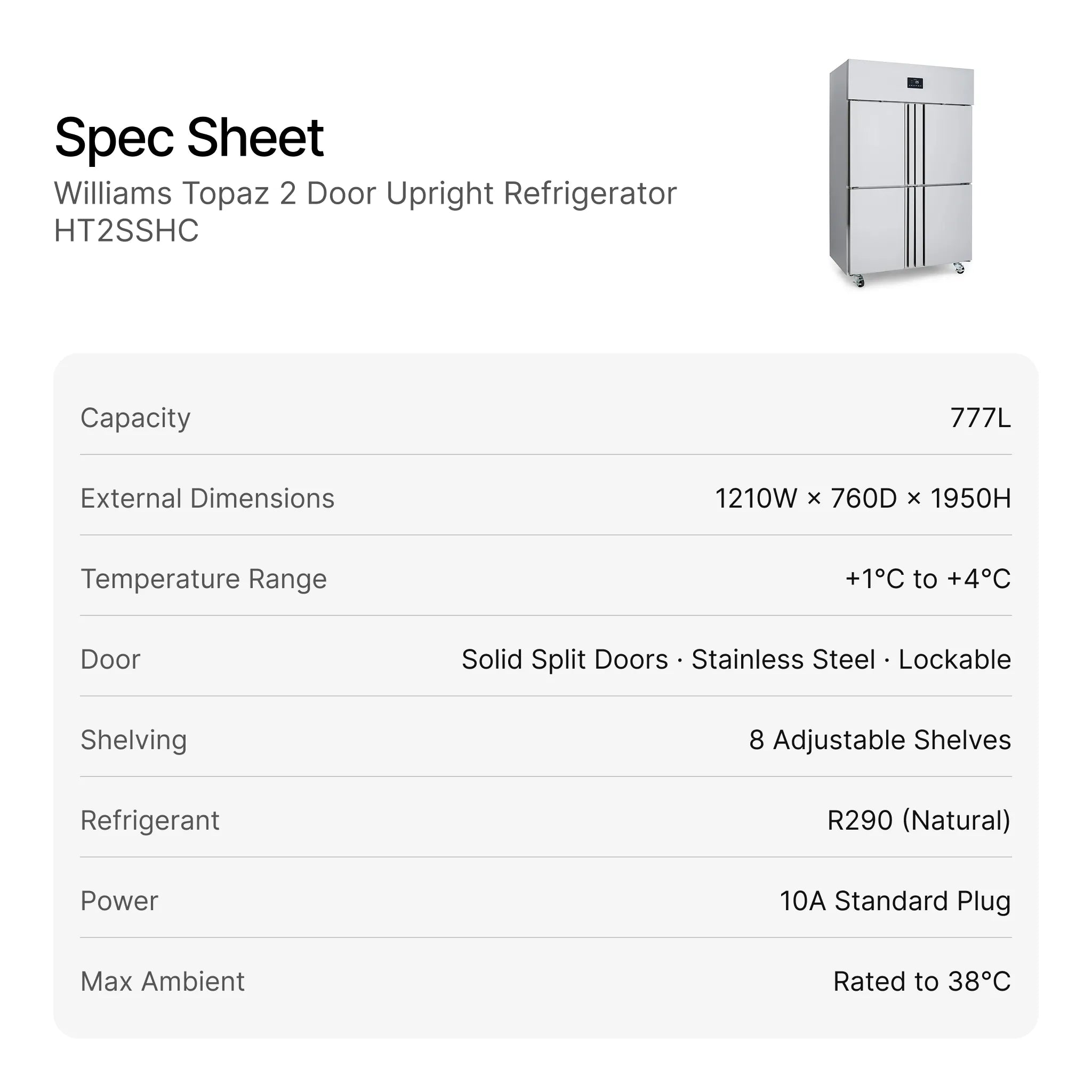 Williams Topaz 2 Door Upright Refrigerator HT2SSHC specifications