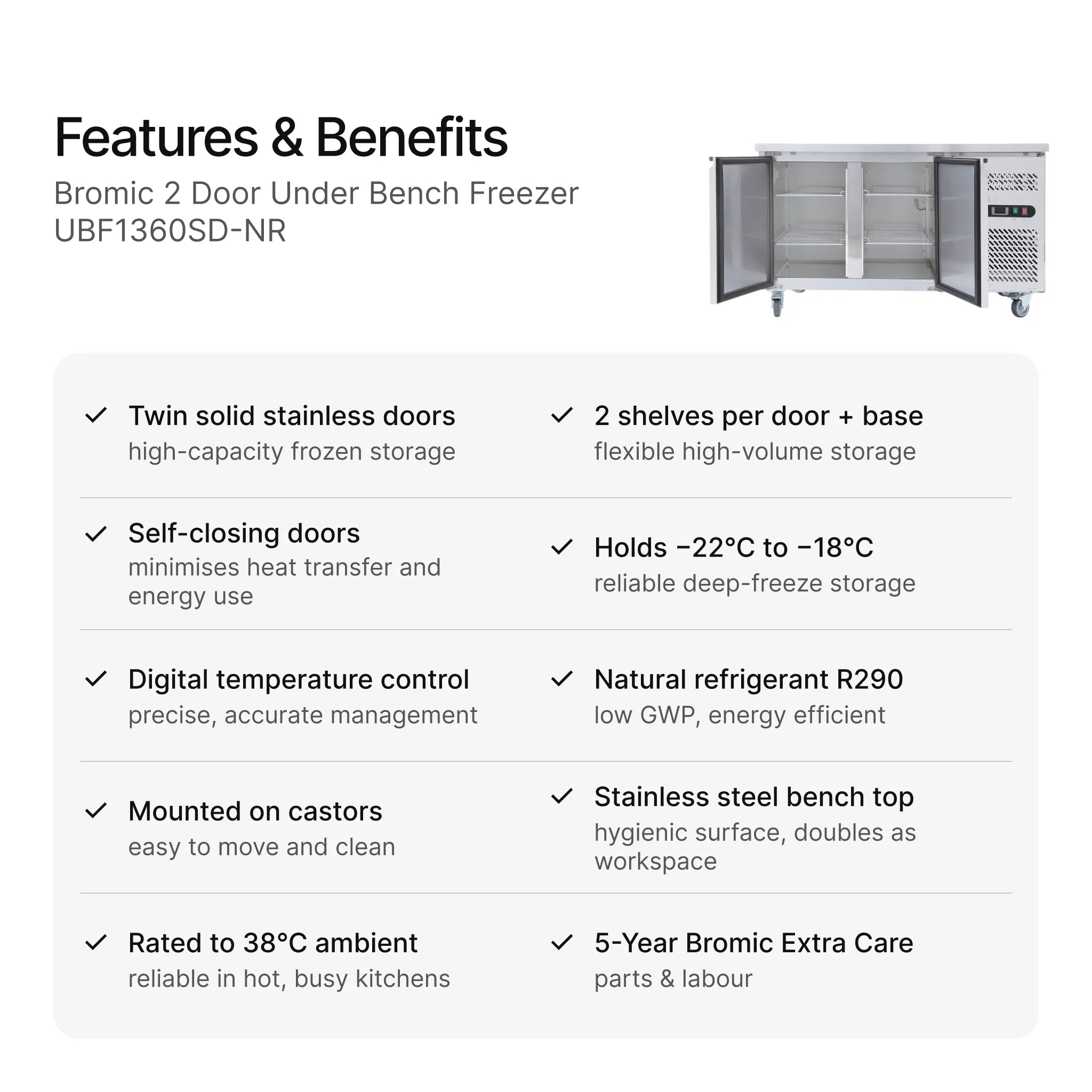 Bromic 2 Door Under Bench Freezer UBF1360SD-NR features and benefits