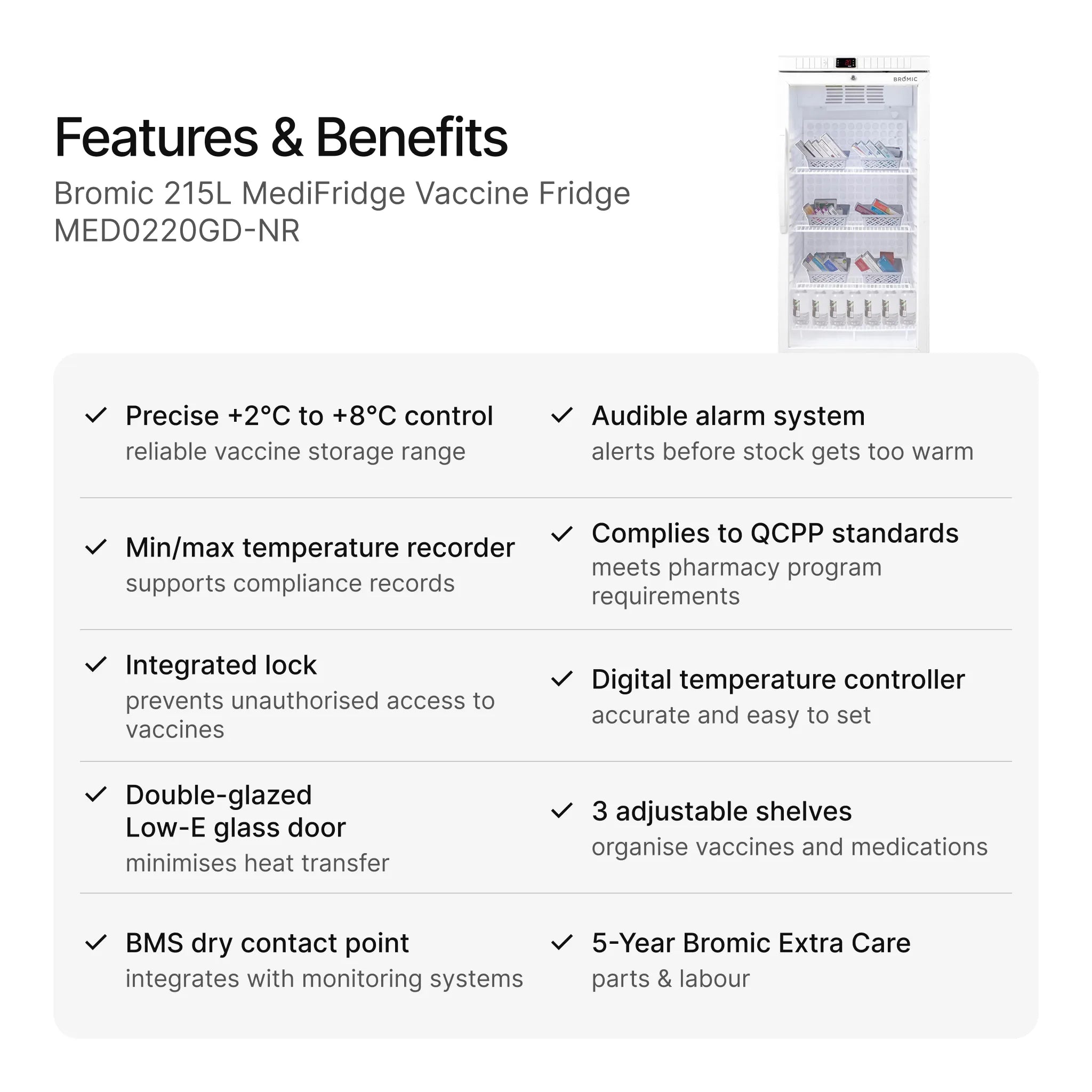 Bromic 215L MediFridge Vaccine Fridge MED0220GD-NR features and benefits