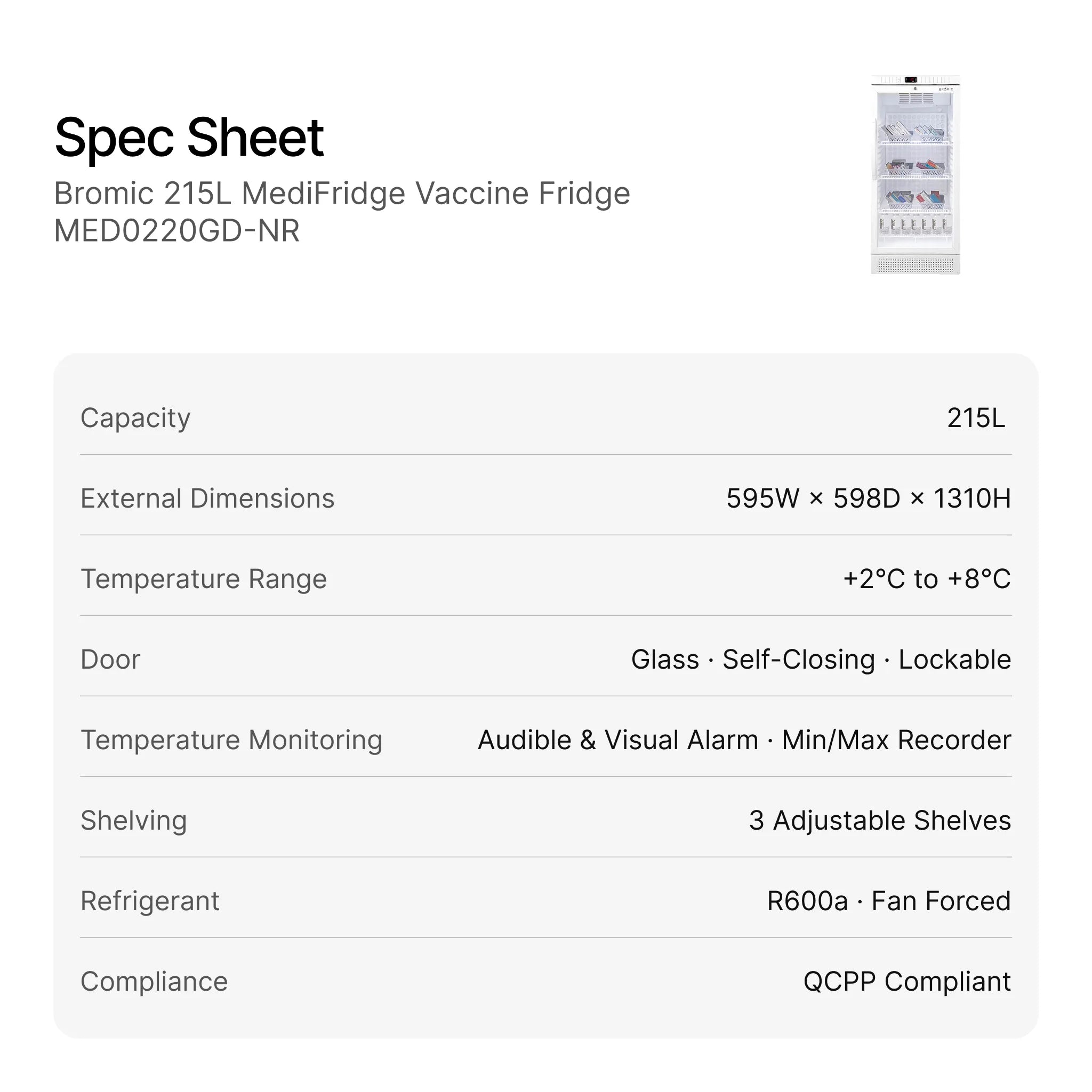 Bromic 215L MediFridge Vaccine Fridge MED0220GD-NR spec sheet