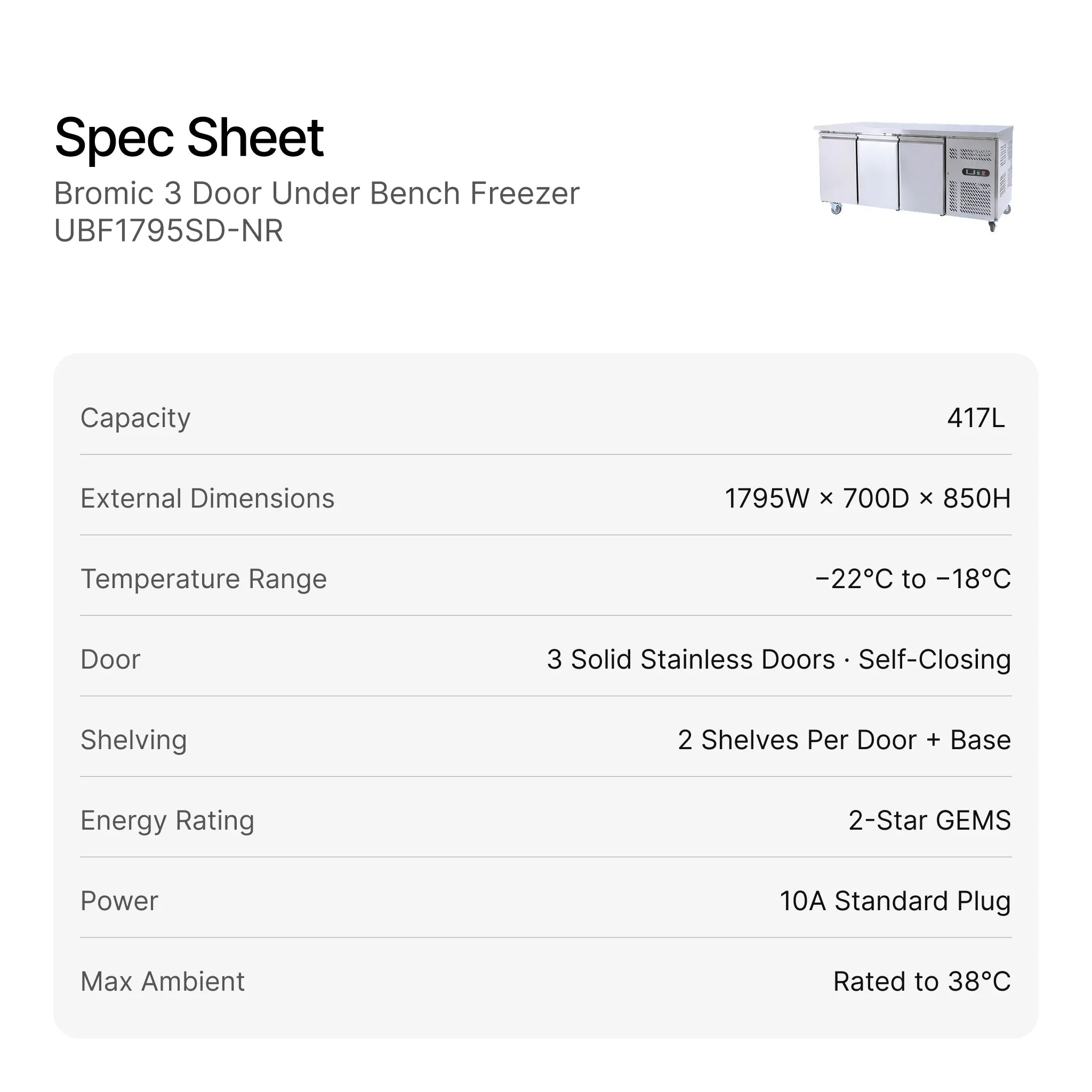 Bromic 3 Door Under Bench Freezer UBF1795SD-NR features and benefits