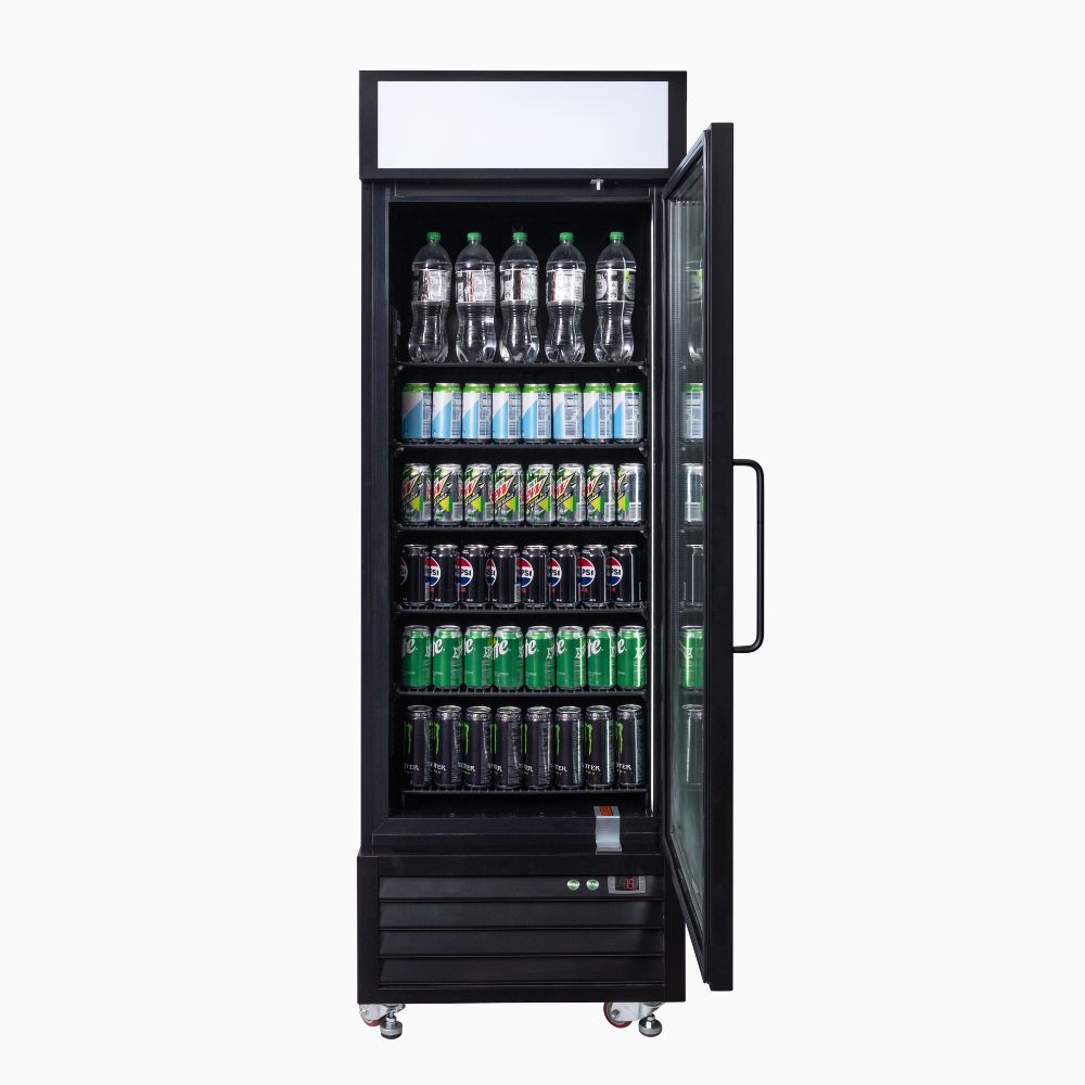 romic 546L 1 door upright glass display fridge UC0550GDL-NR, front opened view with LED lightbox and stocked shelves