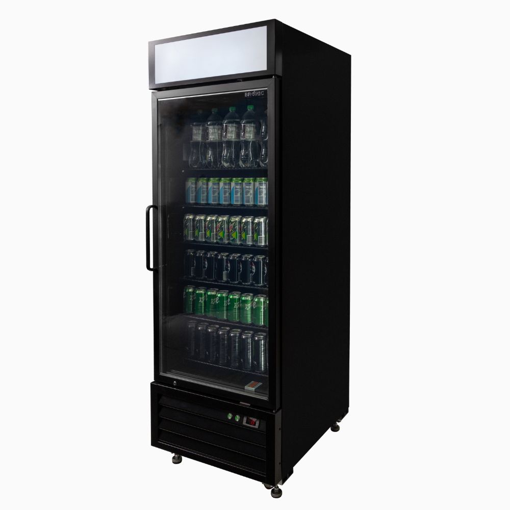 Bromic UC0550GDL-NR upright display fridge, right side view with lockable castors