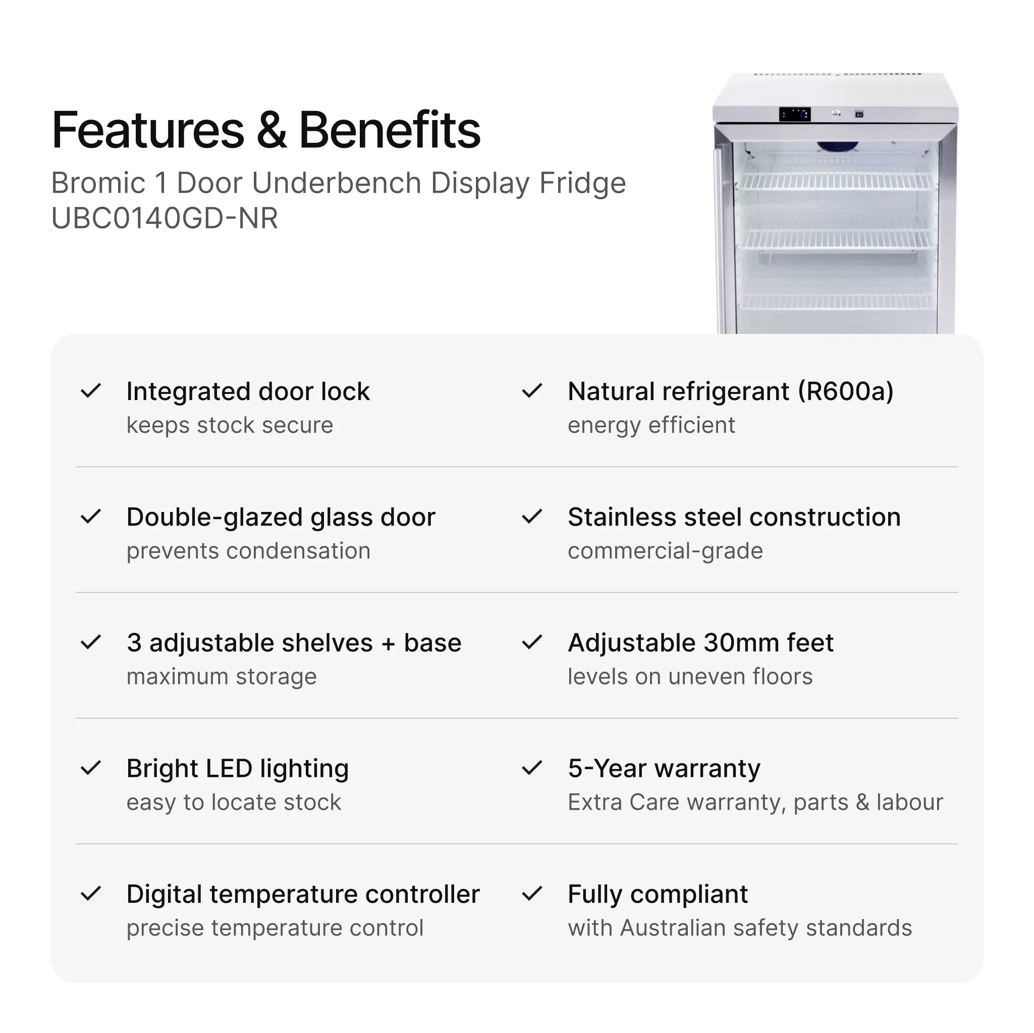 Bromic 138L 1 Door Under Bench Glass Display Fridge UBC0140GD-NR