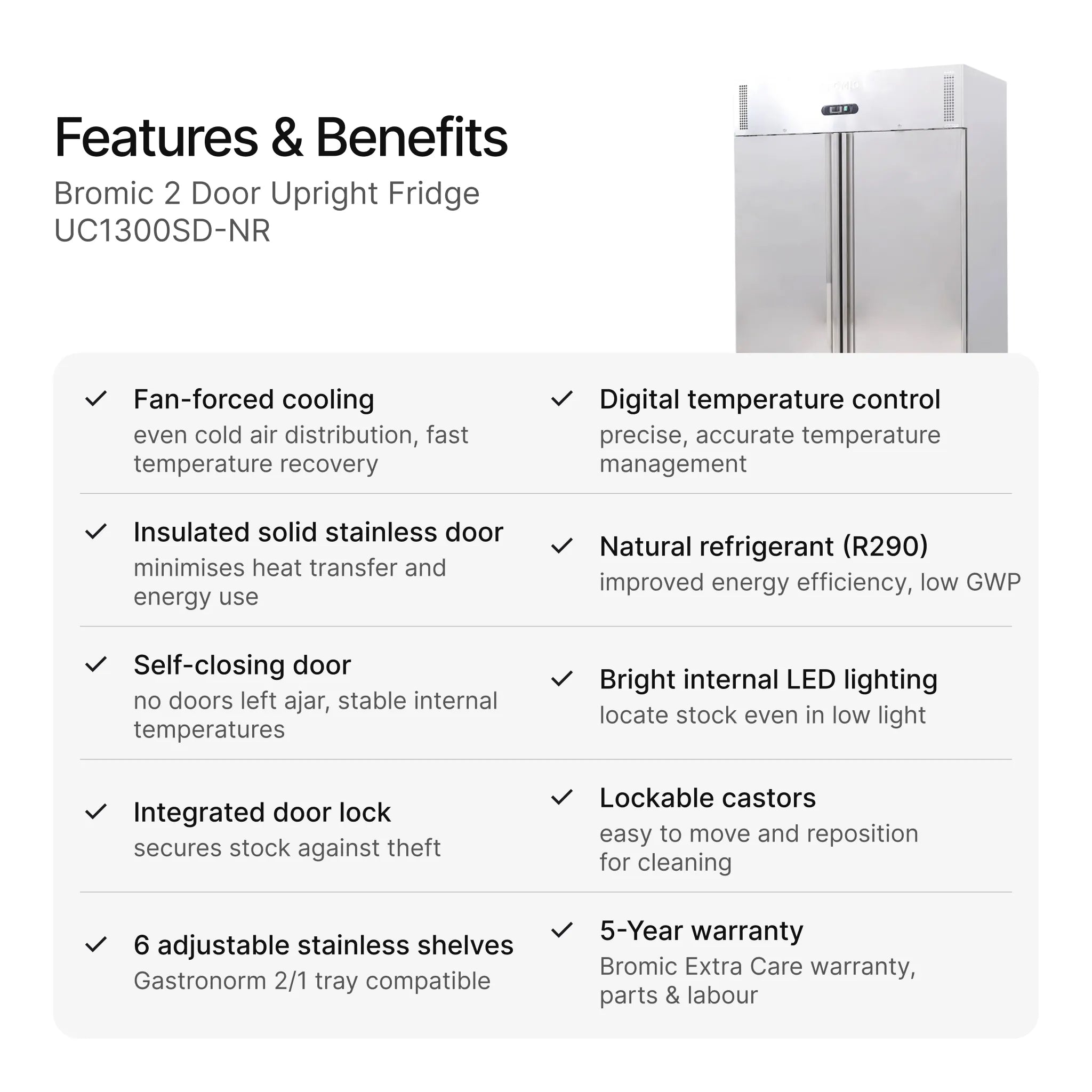 Bromic 2 Door Upright Fridge UC1300SD-NR features and benefits