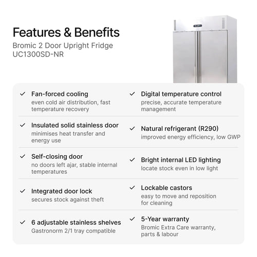 Bromic 2 Door Upright Fridge UC1300SD-NR features and benefits