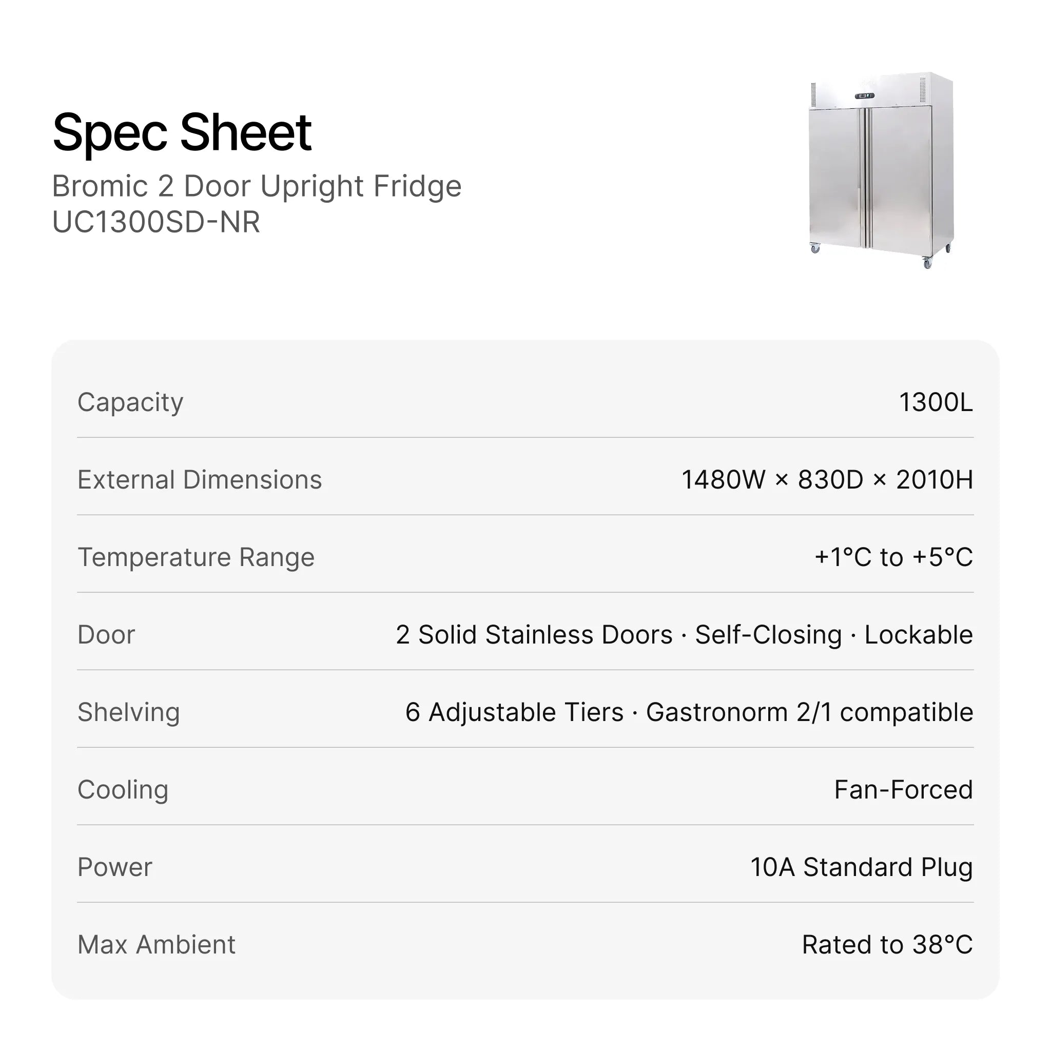 Bromic 2 Door Upright Fridge UC1300SD-NR specifications
