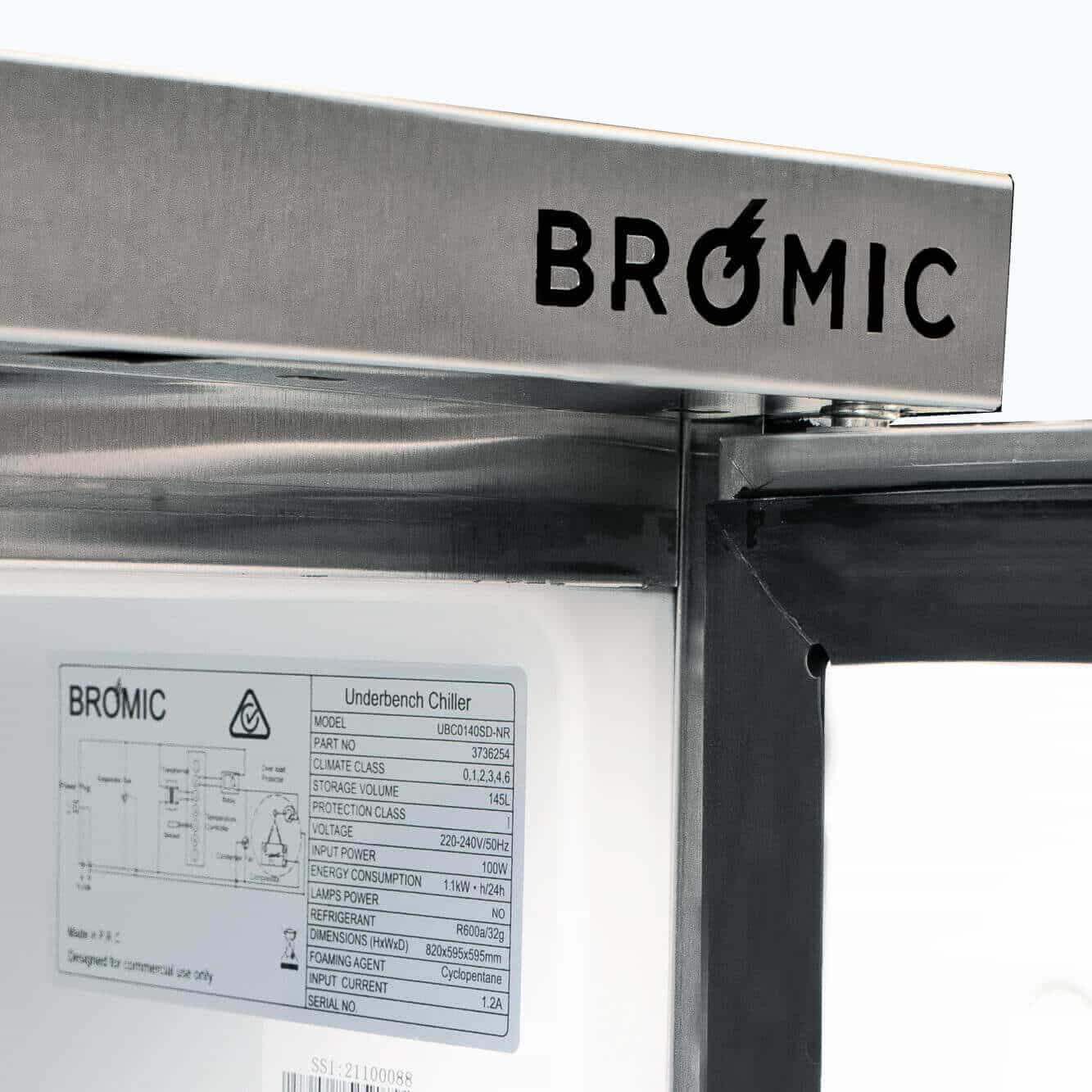 Bromic 138L 1 Door Under Bench Glass Display Fridge UBC0140GD-NR