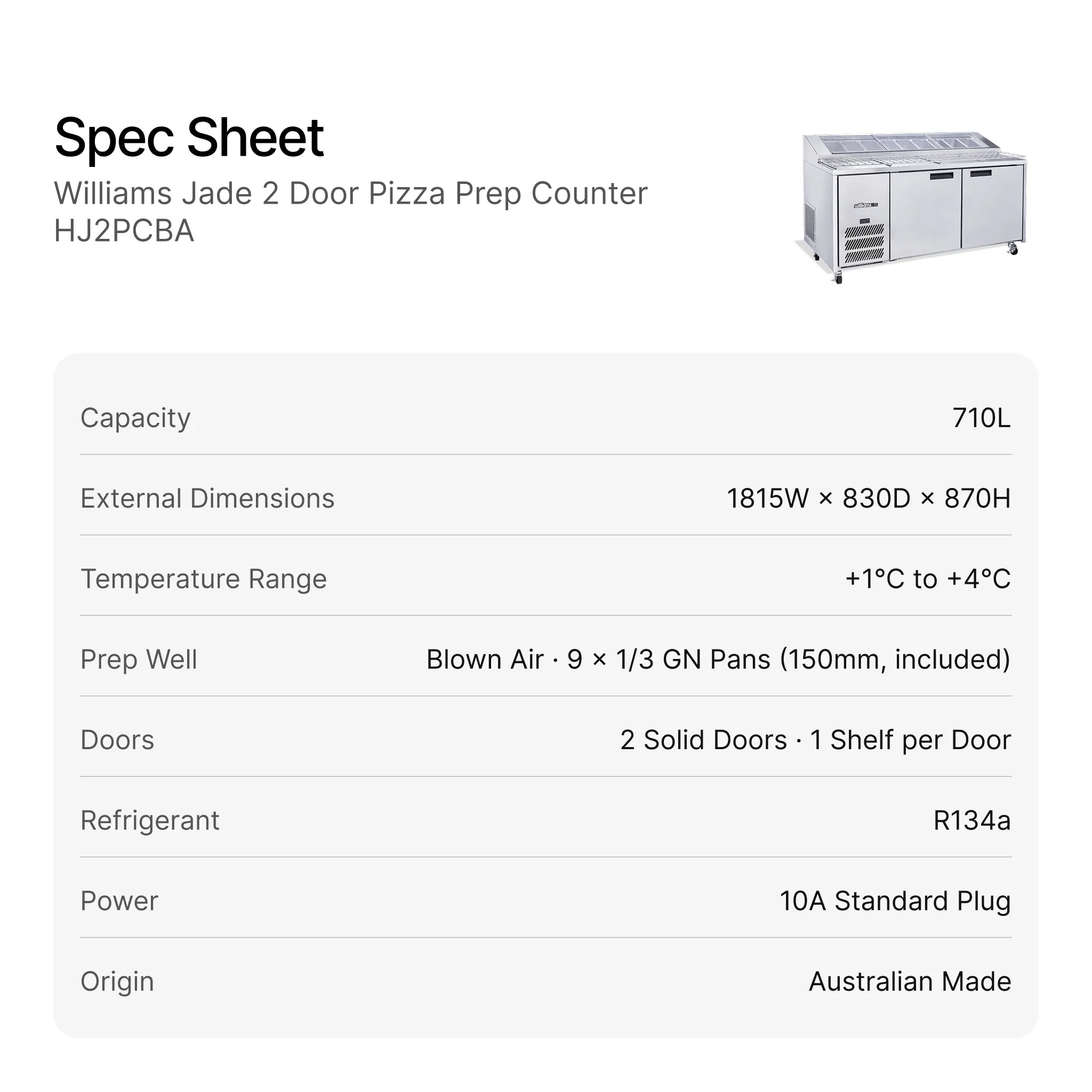 Williams Jade 2 Door Pizza Prep Counter HJ2PCBA specifications