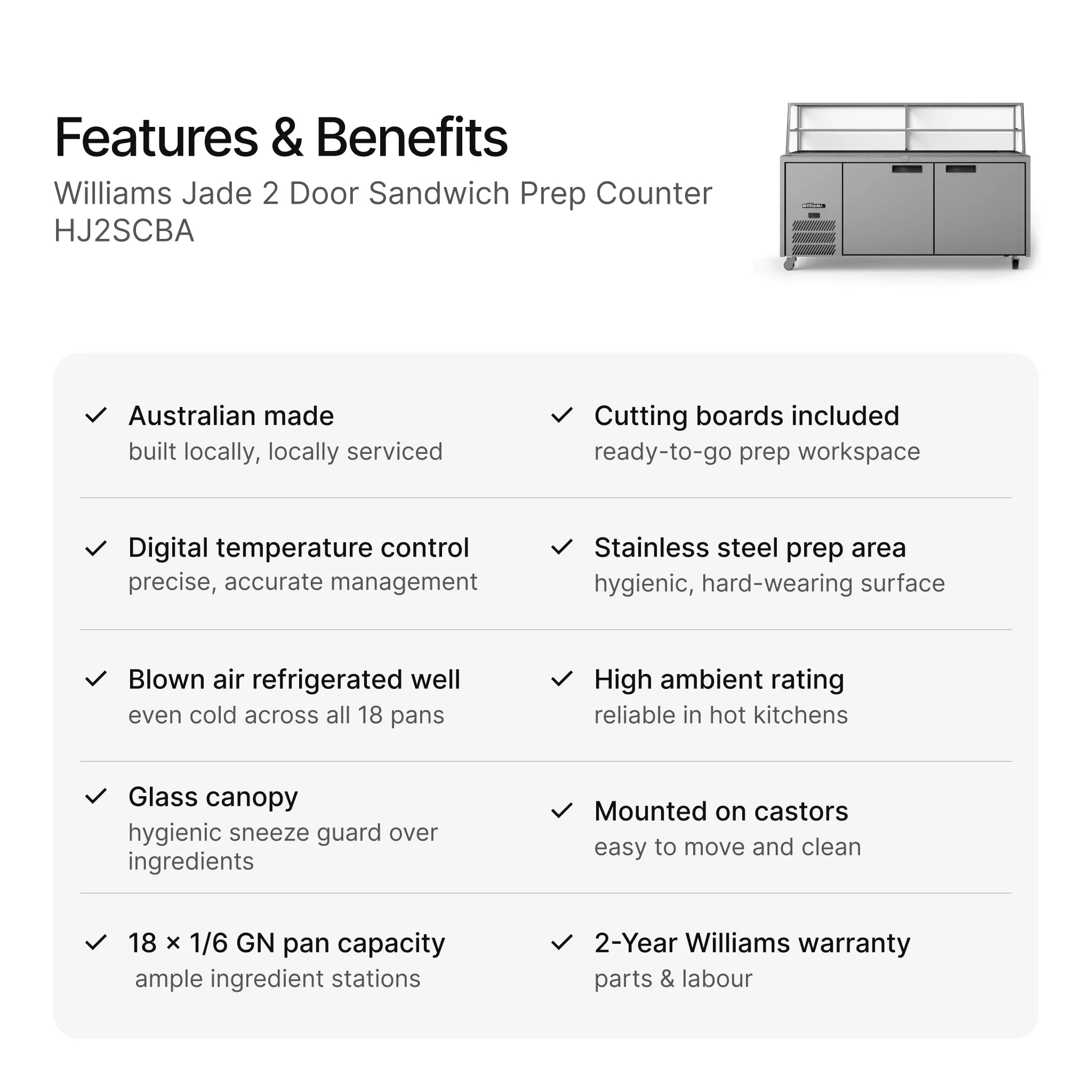 Williams Jade 2 Door Sandwich Prep Counter HJ2SCBA features and benefits