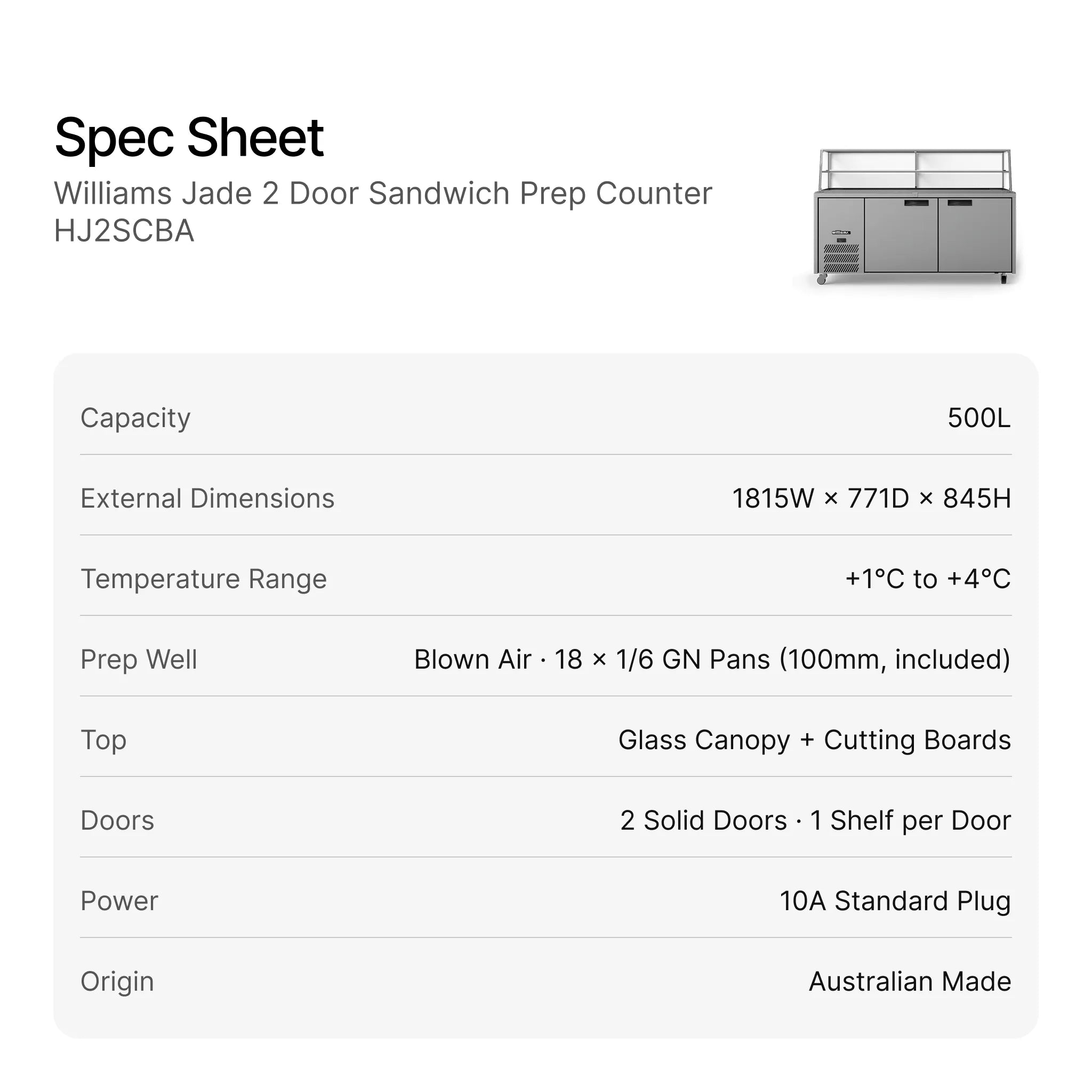 Williams Jade 2 Door Sandwich Prep Counter HJ2SCBA specifications