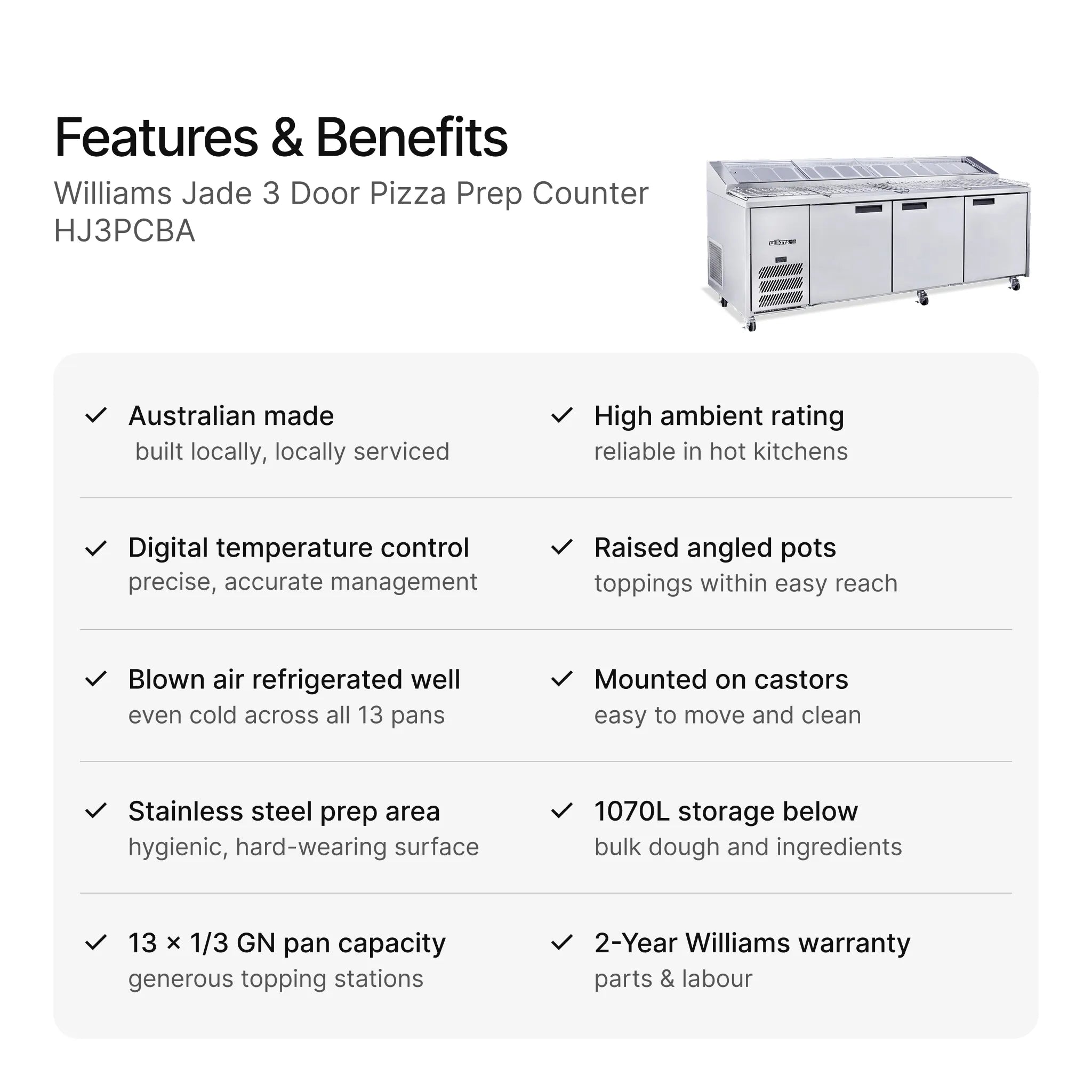 Williams Jade 3 Door Pizza Prep Counter HJ3PCBA features and benefits