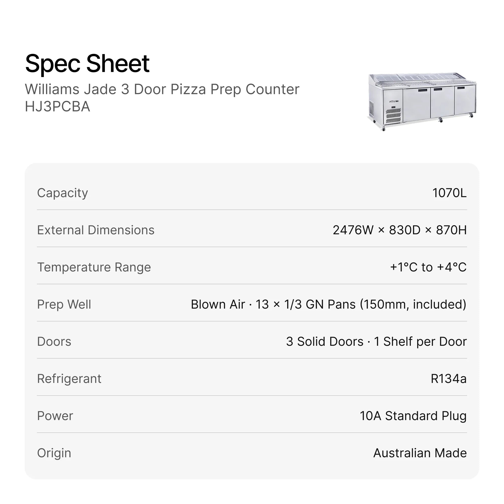 Williams Jade 3 Door Pizza Prep Counter HJ3PCBA specifications