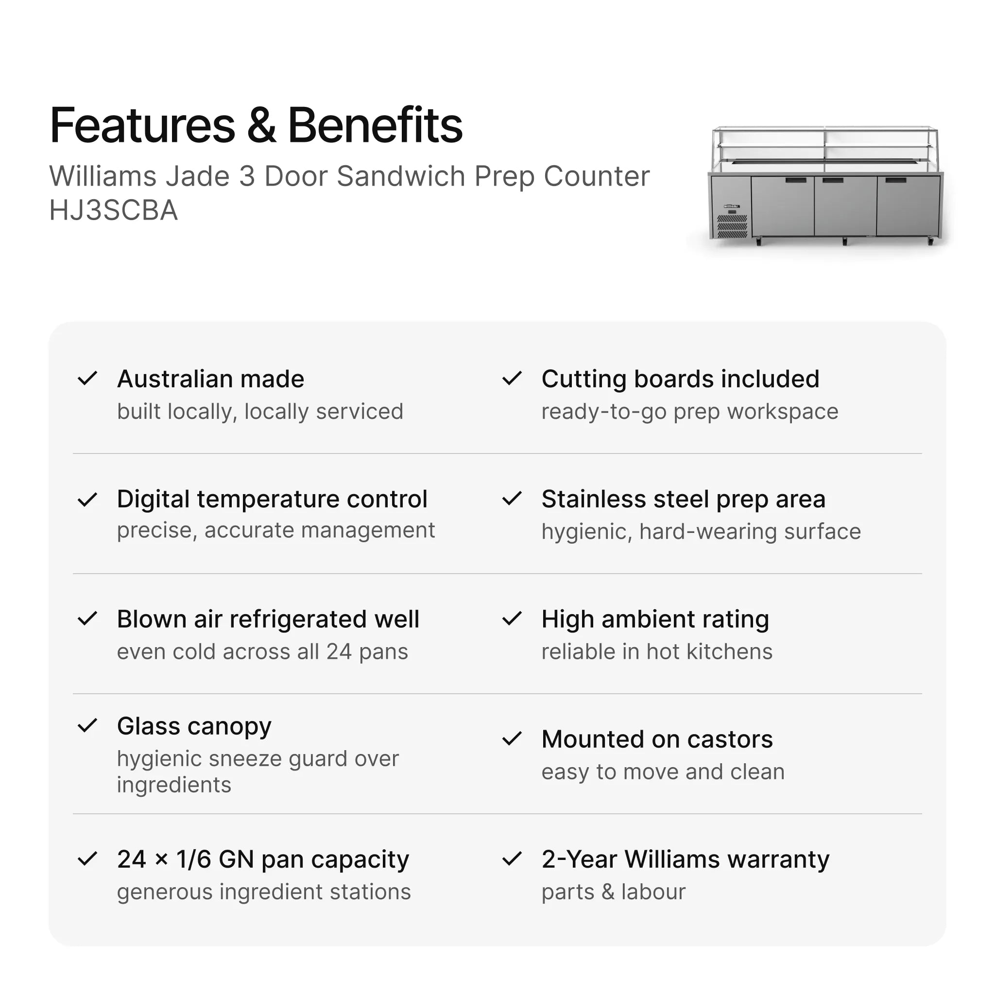 Williams Jade 3 Door Sandwich Prep Counter HJ3SCBA features and benefits