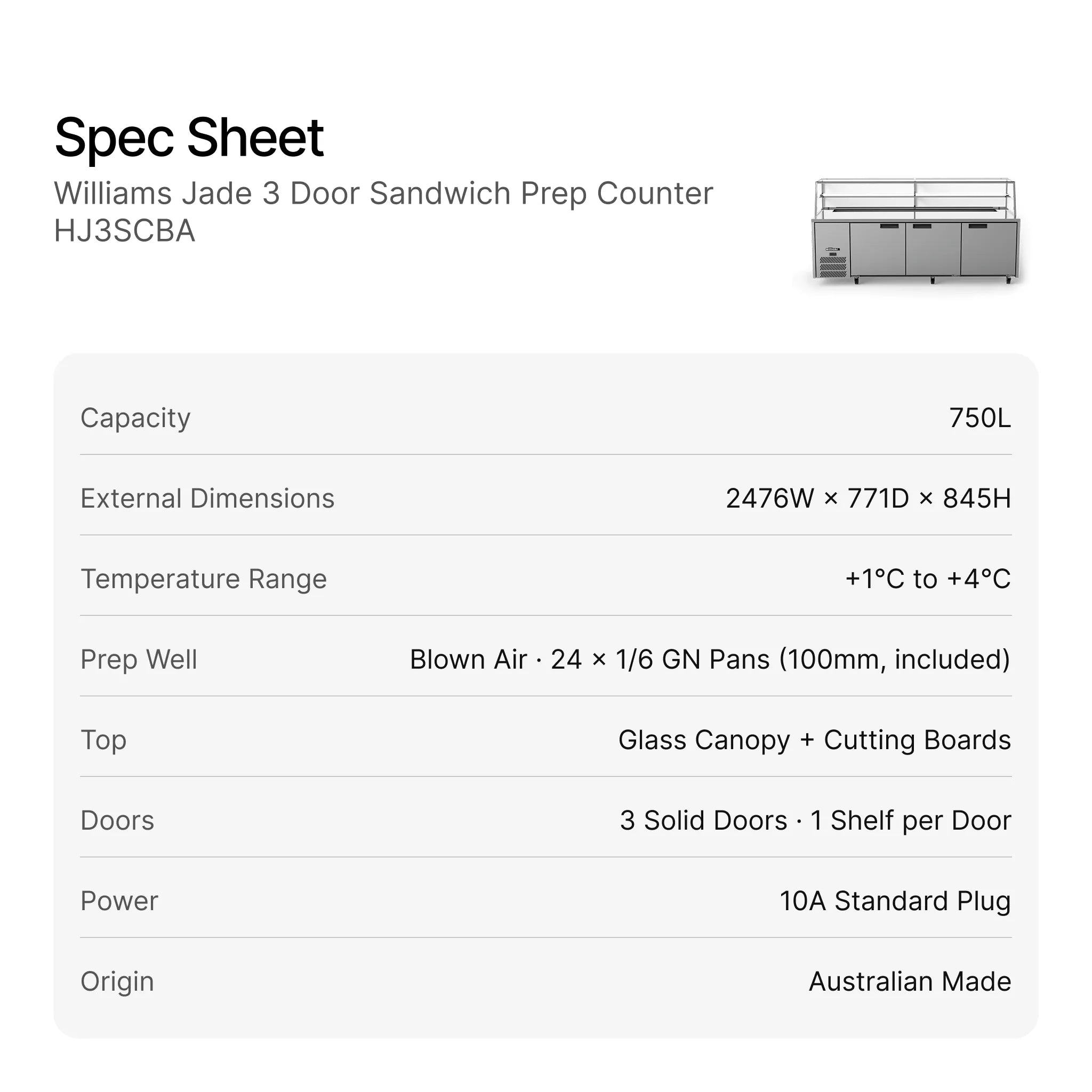 Williams Jade 3 Door Sandwich Prep Counter HJ3SCBA specifications
